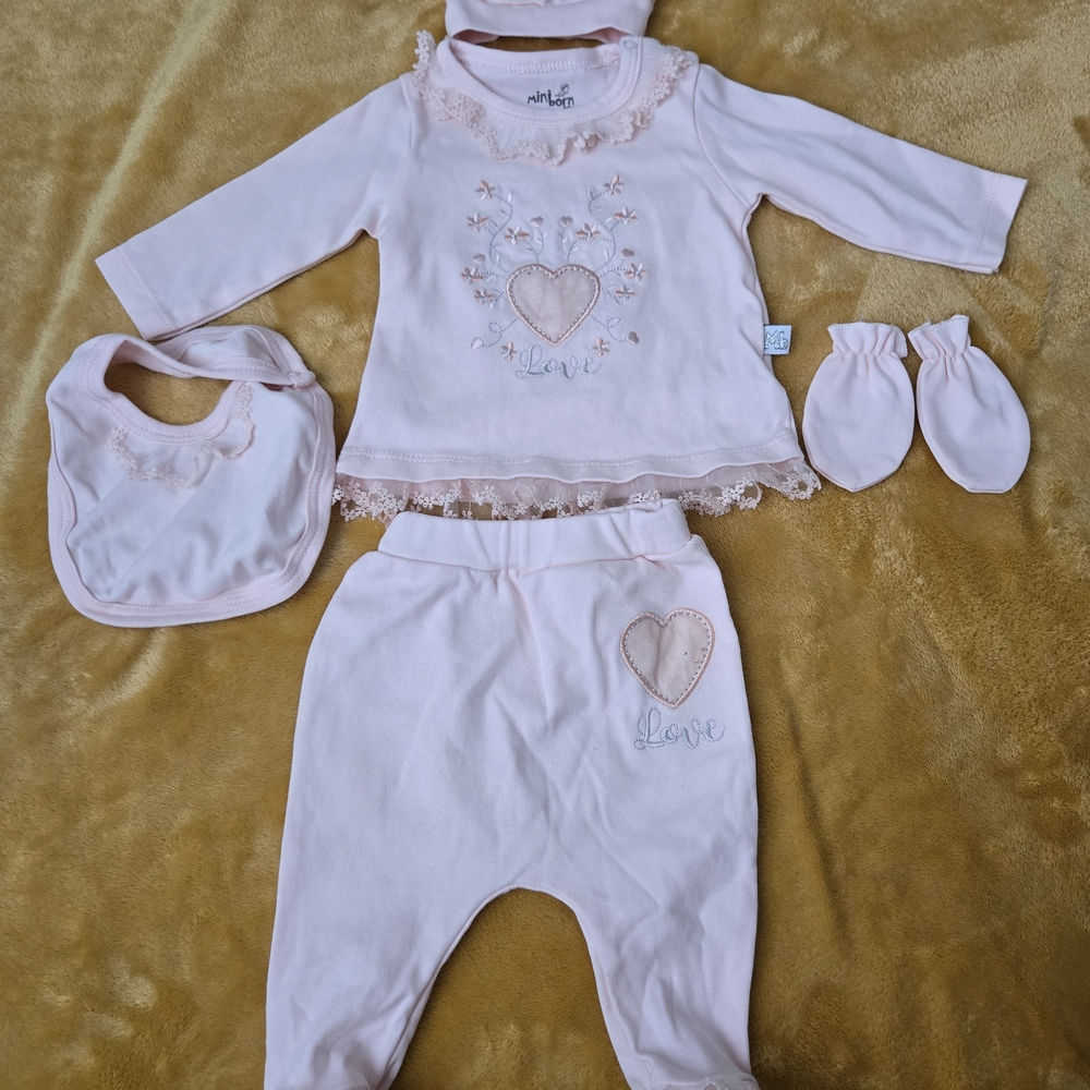 Pink Baby Outfit Set with Heart Embroidery
